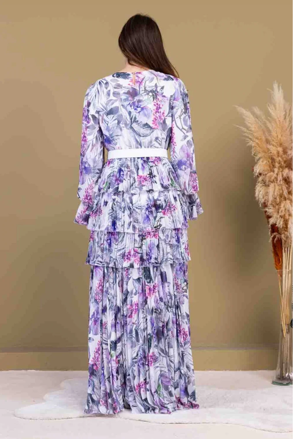 Kat Kat Pliseli Şifon Elbise 2718-Beyaz