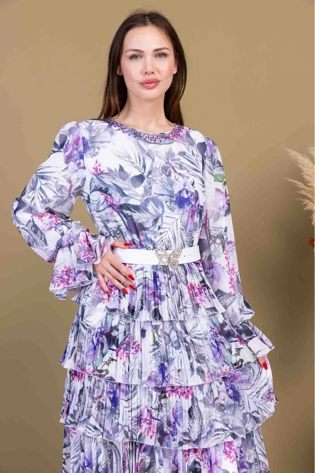 Kat Kat Pliseli Şifon Elbise 2718-Beyaz