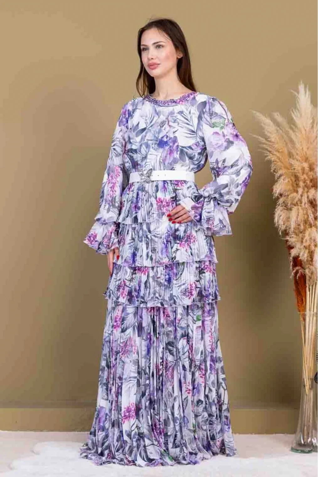 Kat Kat Pliseli Şifon Elbise 2718-Beyaz