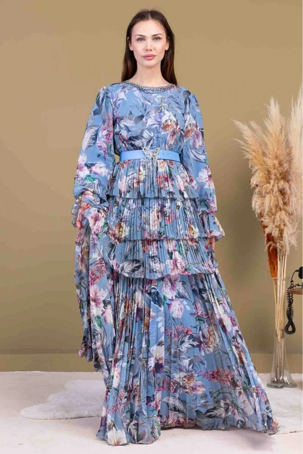 Kat Kat Pliseli Şifon Elbise 2718-İndigo