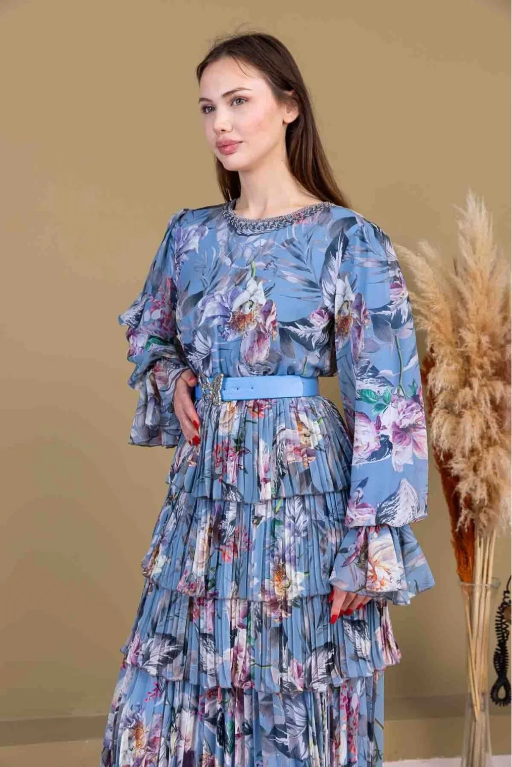 Kat Kat Pliseli Şifon Elbise 2718-İndigo