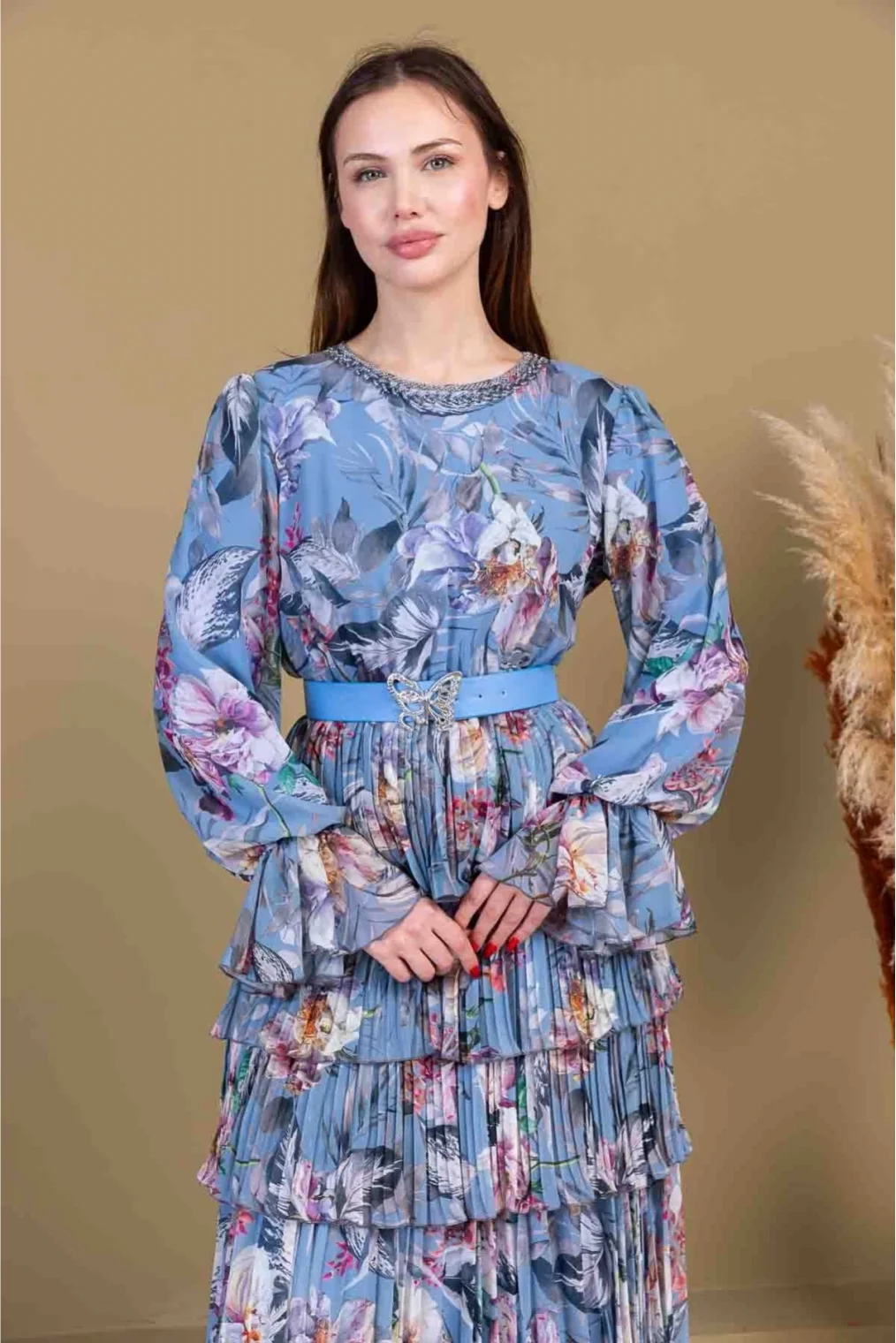 Kat Kat Pliseli Şifon Elbise 2718-İndigo