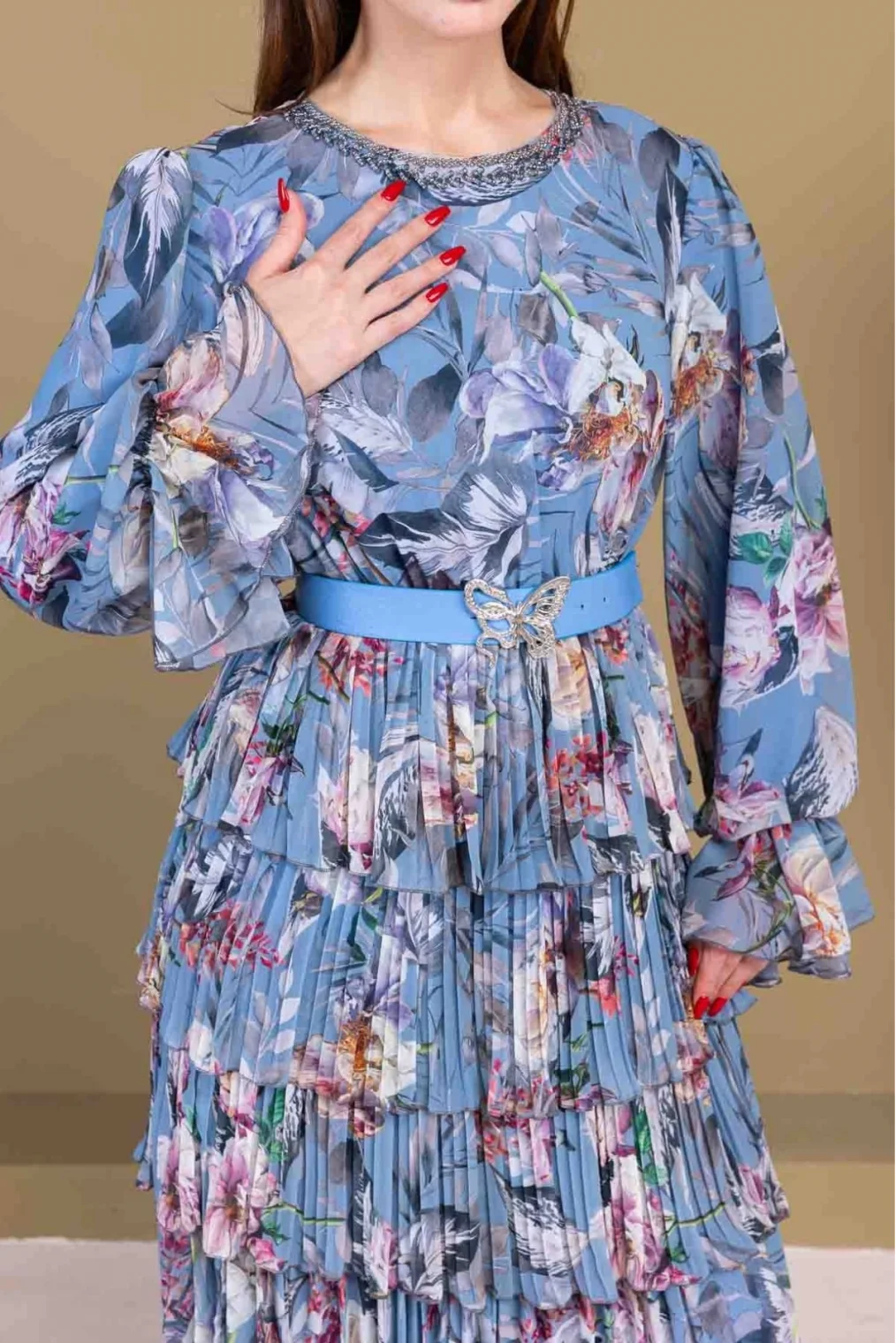 Kat Kat Pliseli Şifon Elbise 2718-İndigo