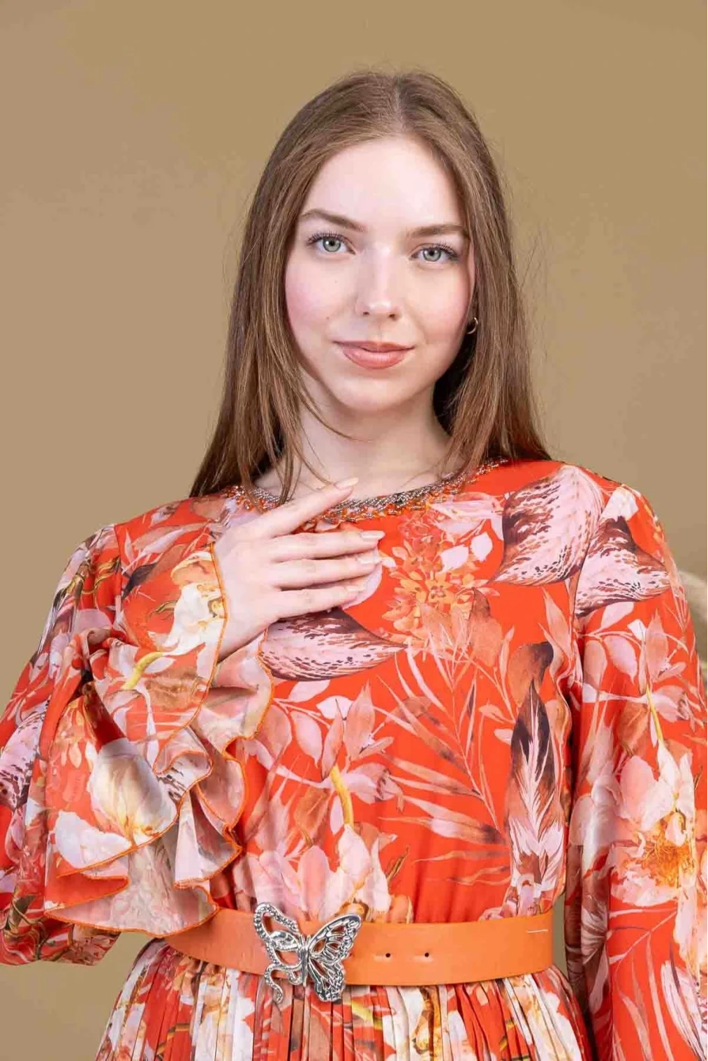 Kat Kat Pliseli Şifon Elbise 2718-Oranj