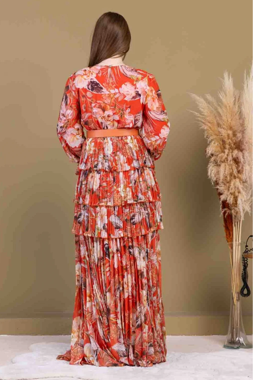 Kat Kat Pliseli Şifon Elbise 2718-Oranj