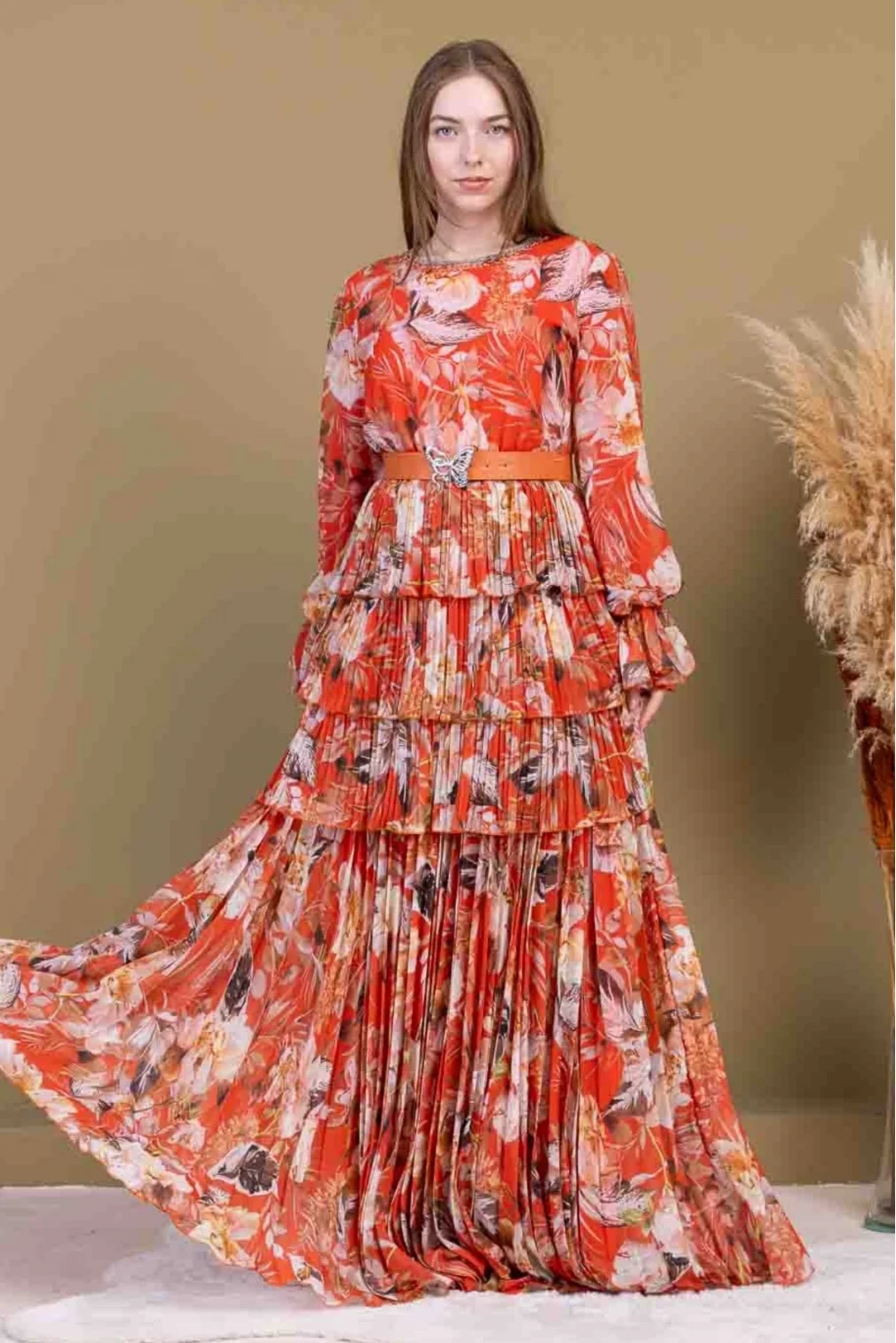 Kat Kat Pliseli Şifon Elbise 2718-Oranj