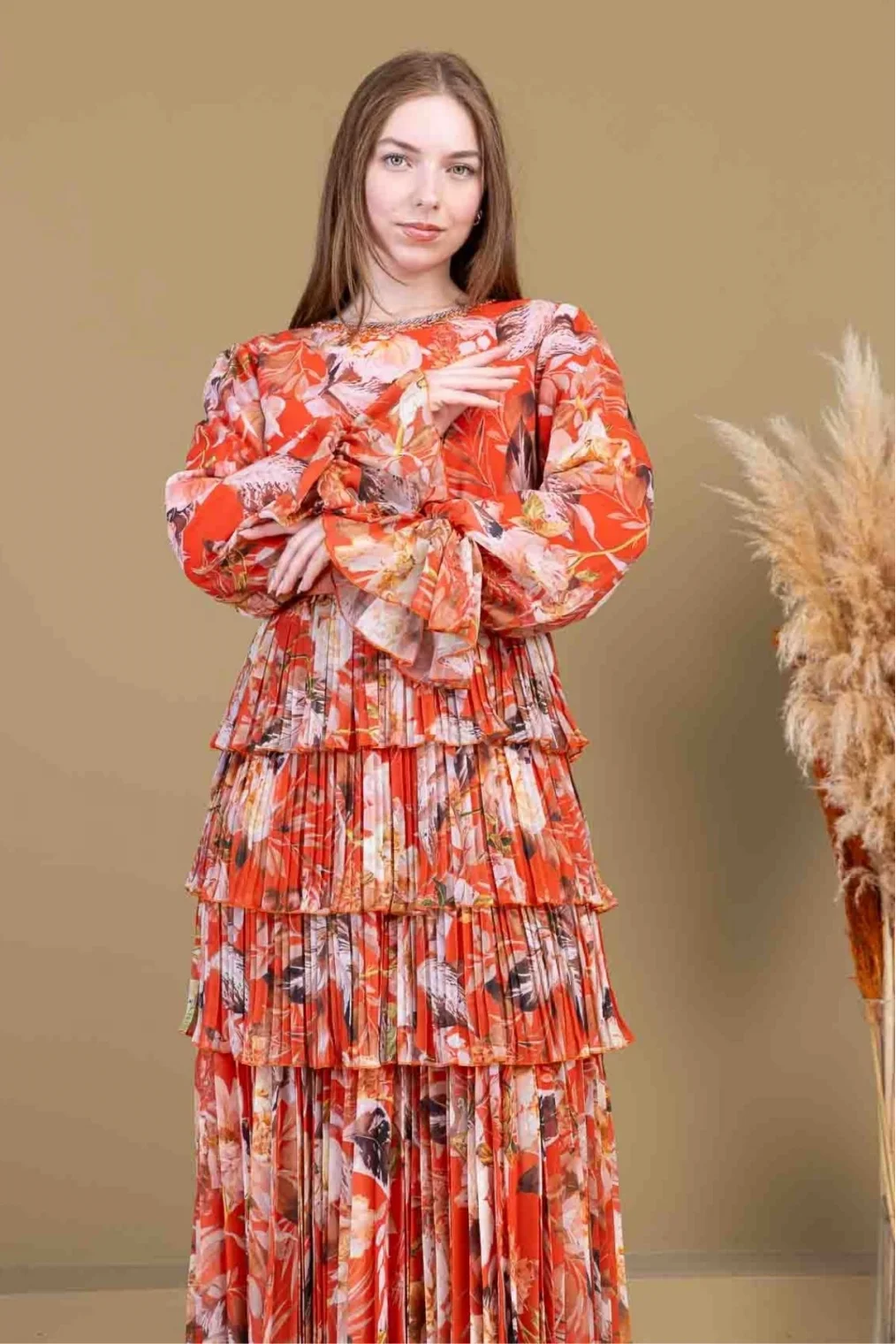 Kat Kat Pliseli Şifon Elbise 2718-Oranj