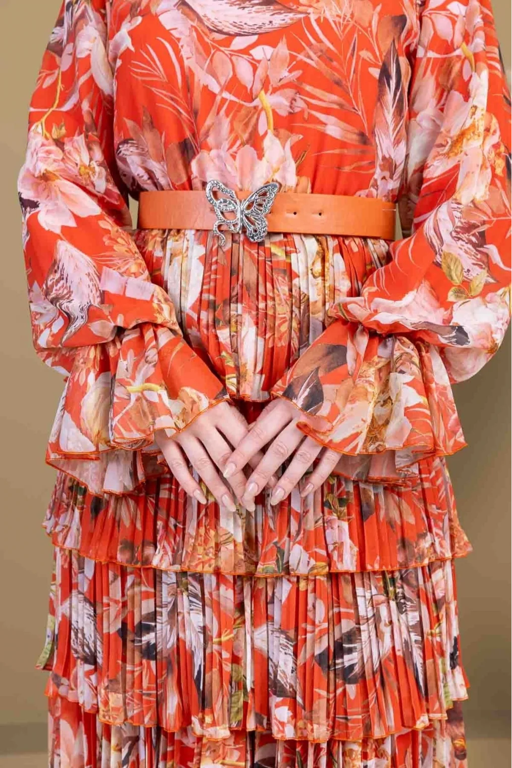 Kat Kat Pliseli Şifon Elbise 2718-Oranj