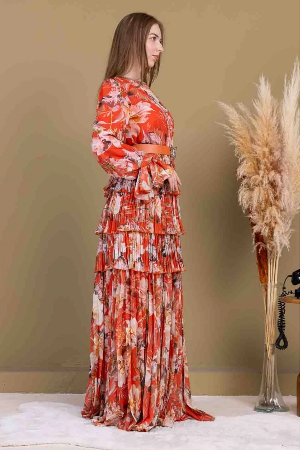 Kat Kat Pliseli Şifon Elbise 2718-Oranj