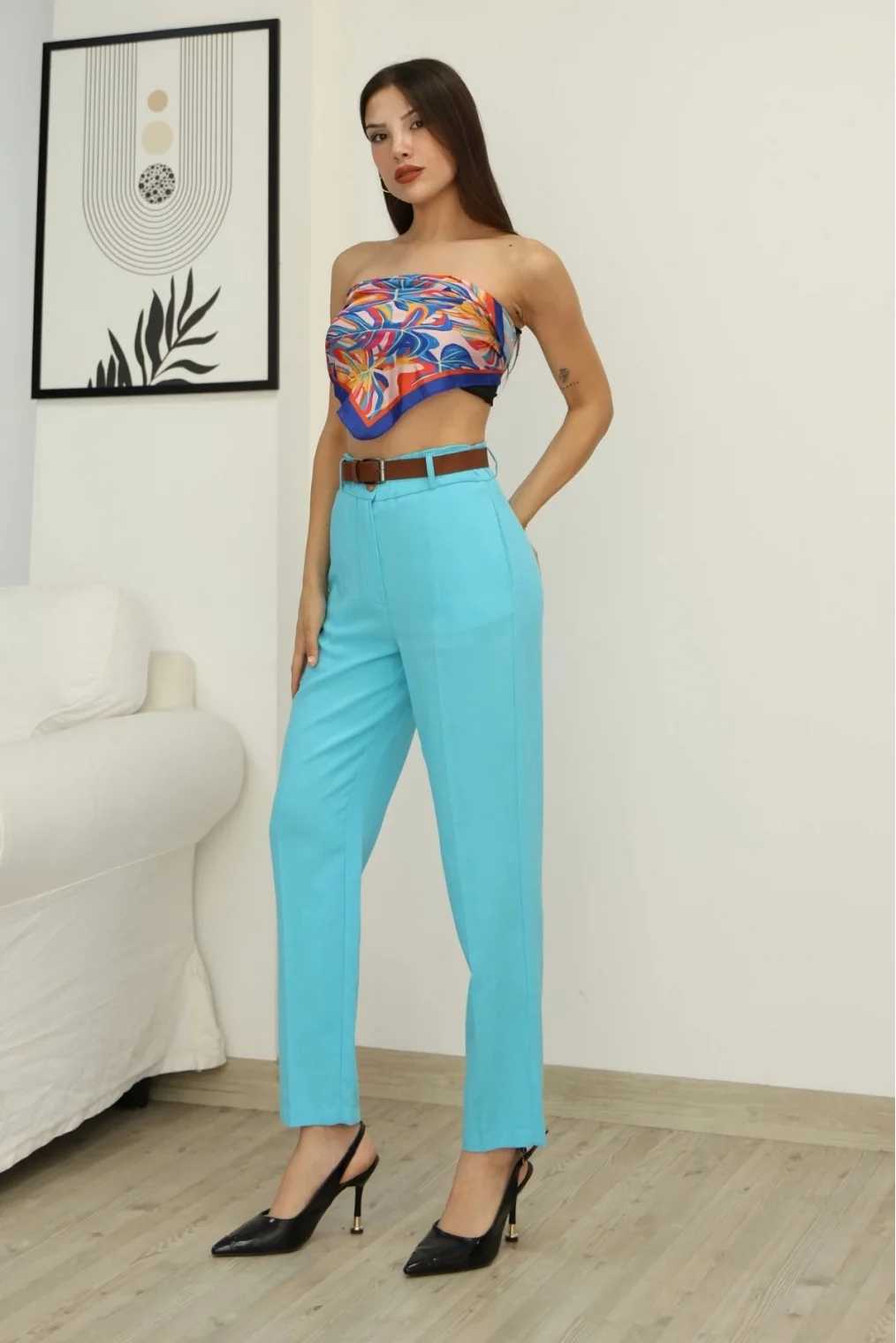 Kemer Detaylı Beli Lastikli Keten Pantolon 6167-Turkuaz