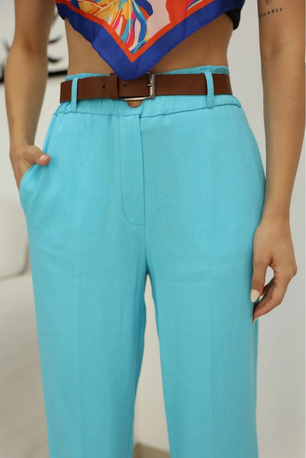 Kemer Detaylı Beli Lastikli Keten Pantolon 6167-Turkuaz