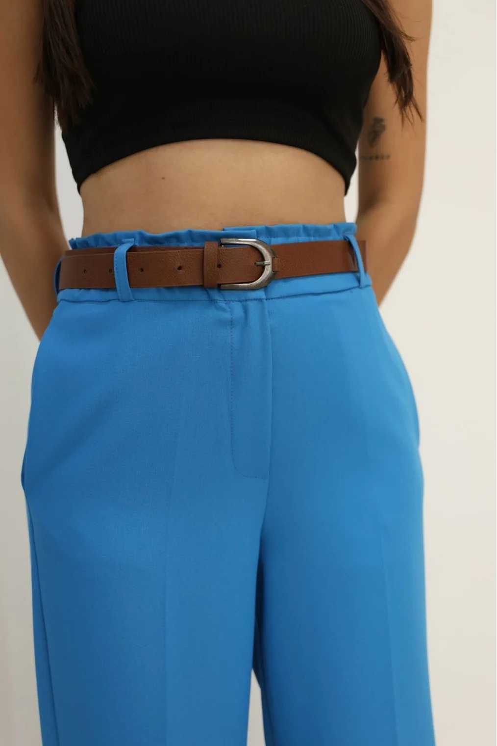 Kemer Detaylı Beli Lastikli Kumaş Pantolon 6155-İndigo