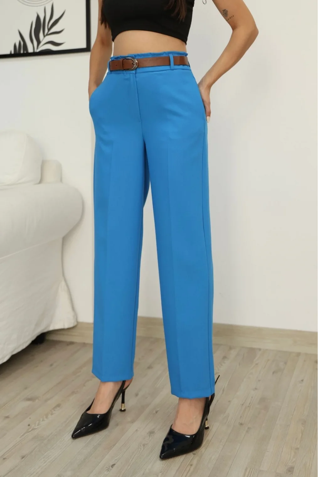 Kemer Detaylı Beli Lastikli Kumaş Pantolon 6155-İndigo