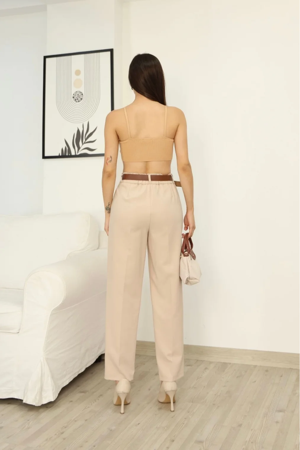 Kemer Detaylı Beli Lastikli Kumaş Pantolon 6155-Vizon