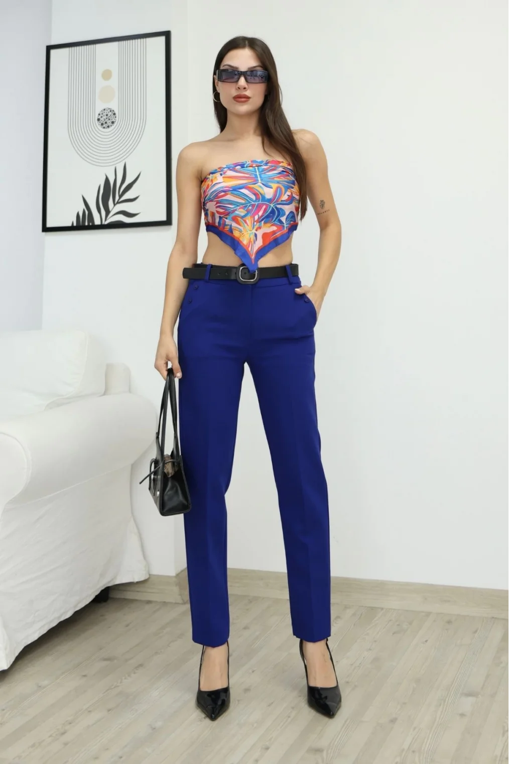 Kemer Detaylı Cepli Kumaş Pantolon 6111-Saks