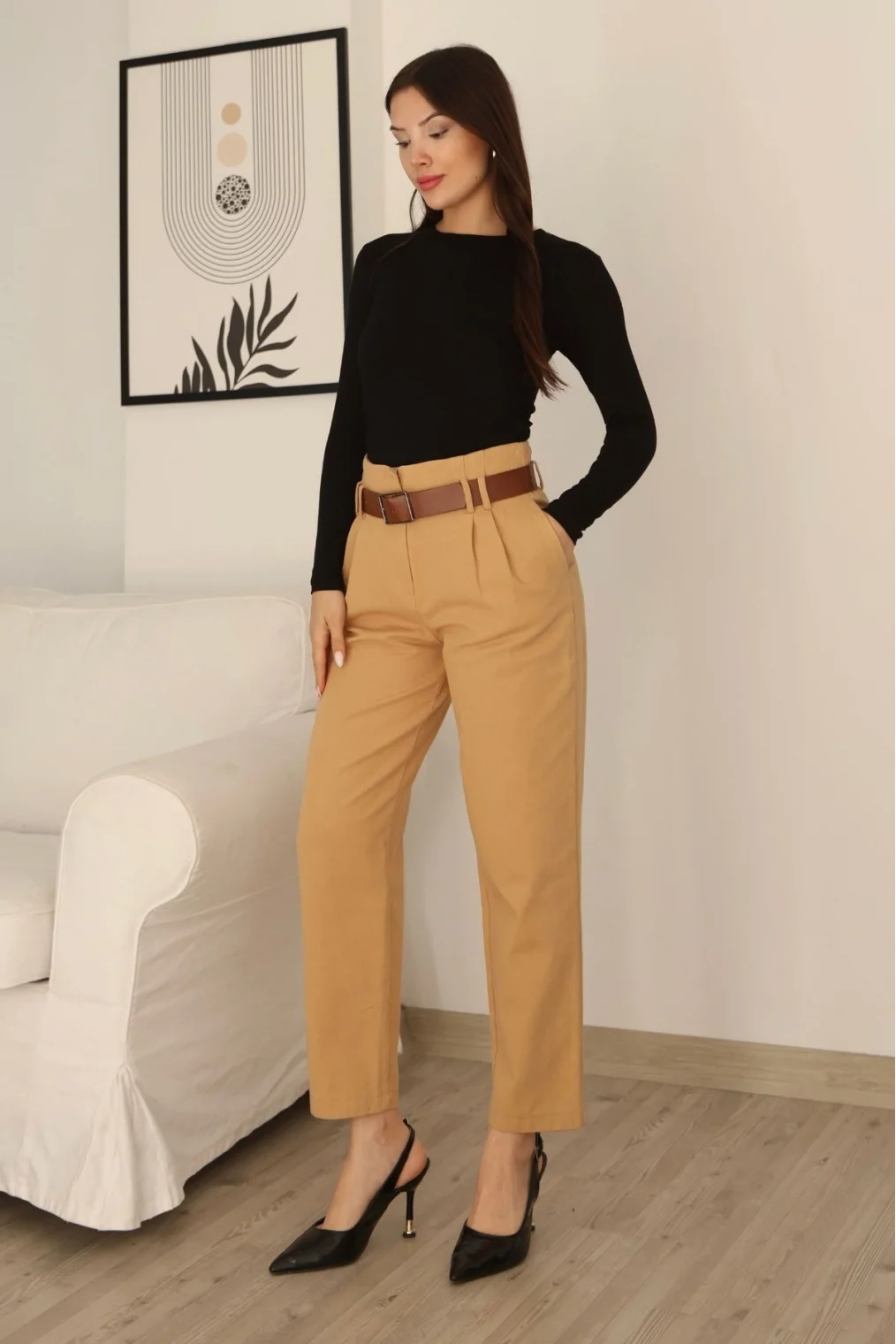 Kemer Detaylı Pileli Gabardin Kumaş Pantolon 5856-Camel