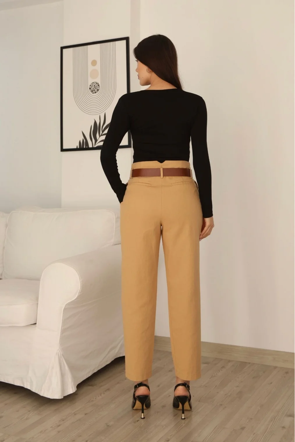 Kemer Detaylı Pileli Gabardin Kumaş Pantolon 5856-Camel