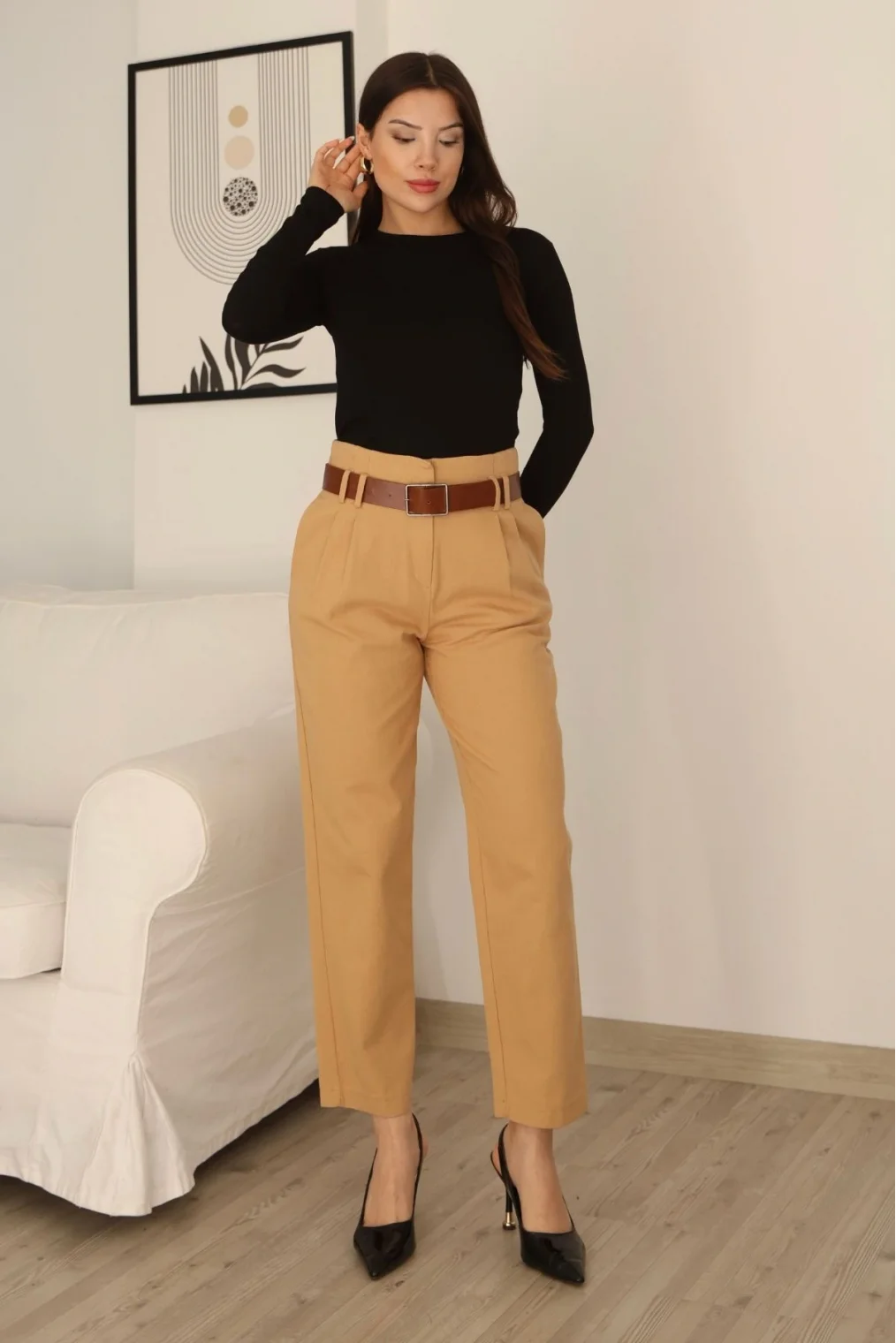 Kemer Detaylı Pileli Gabardin Kumaş Pantolon 5856-Camel