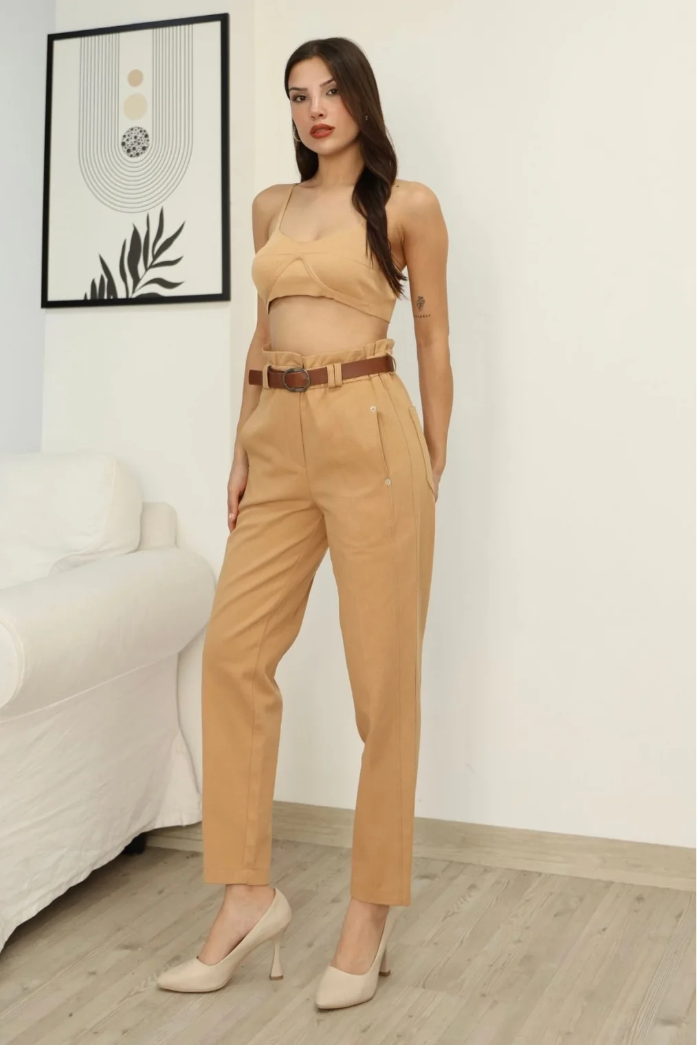 Kemer Detaylı Pileli Gabardin Kumaş Pantolon 6158-Camel