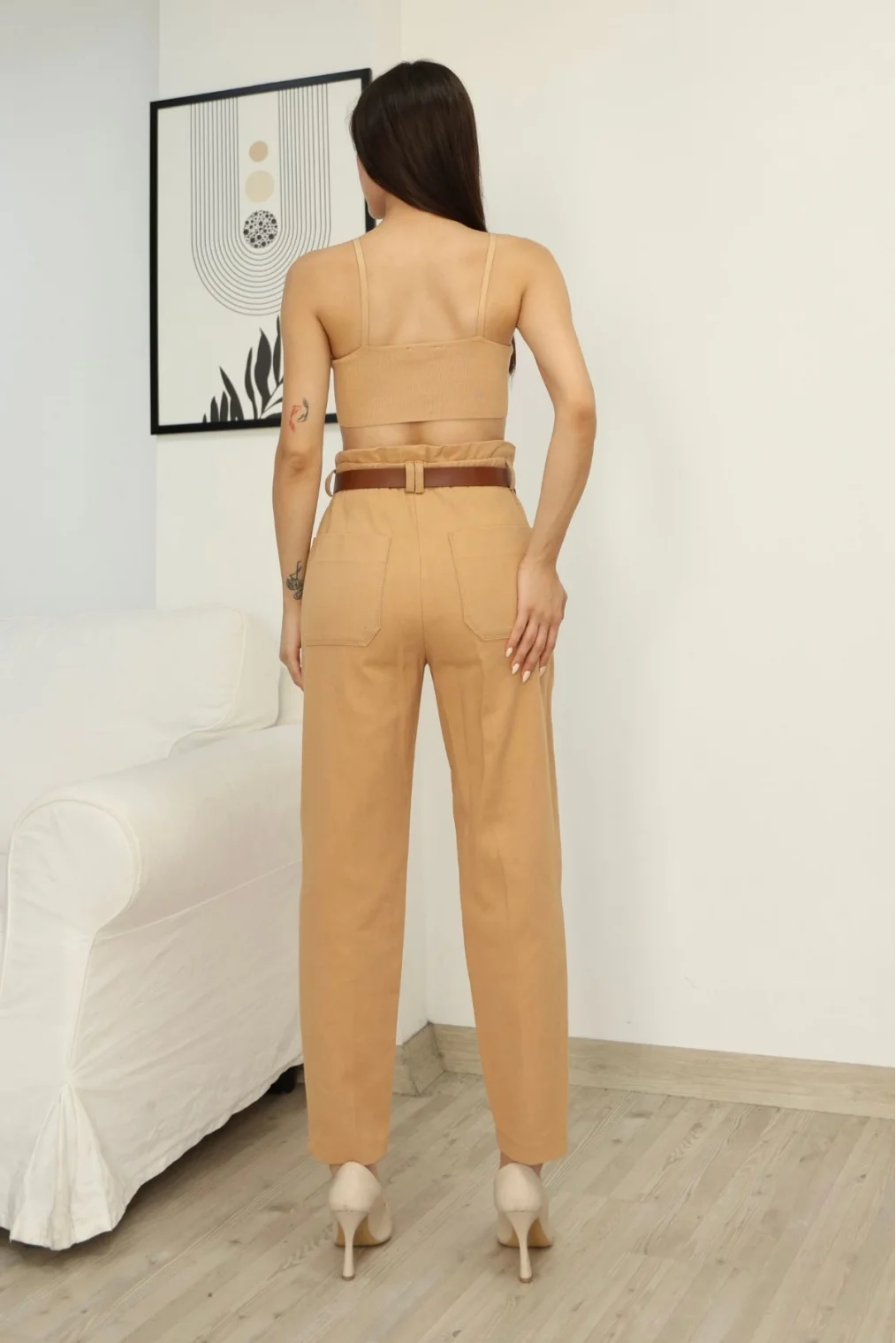 Kemer Detaylı Pileli Gabardin Kumaş Pantolon 6158-Camel