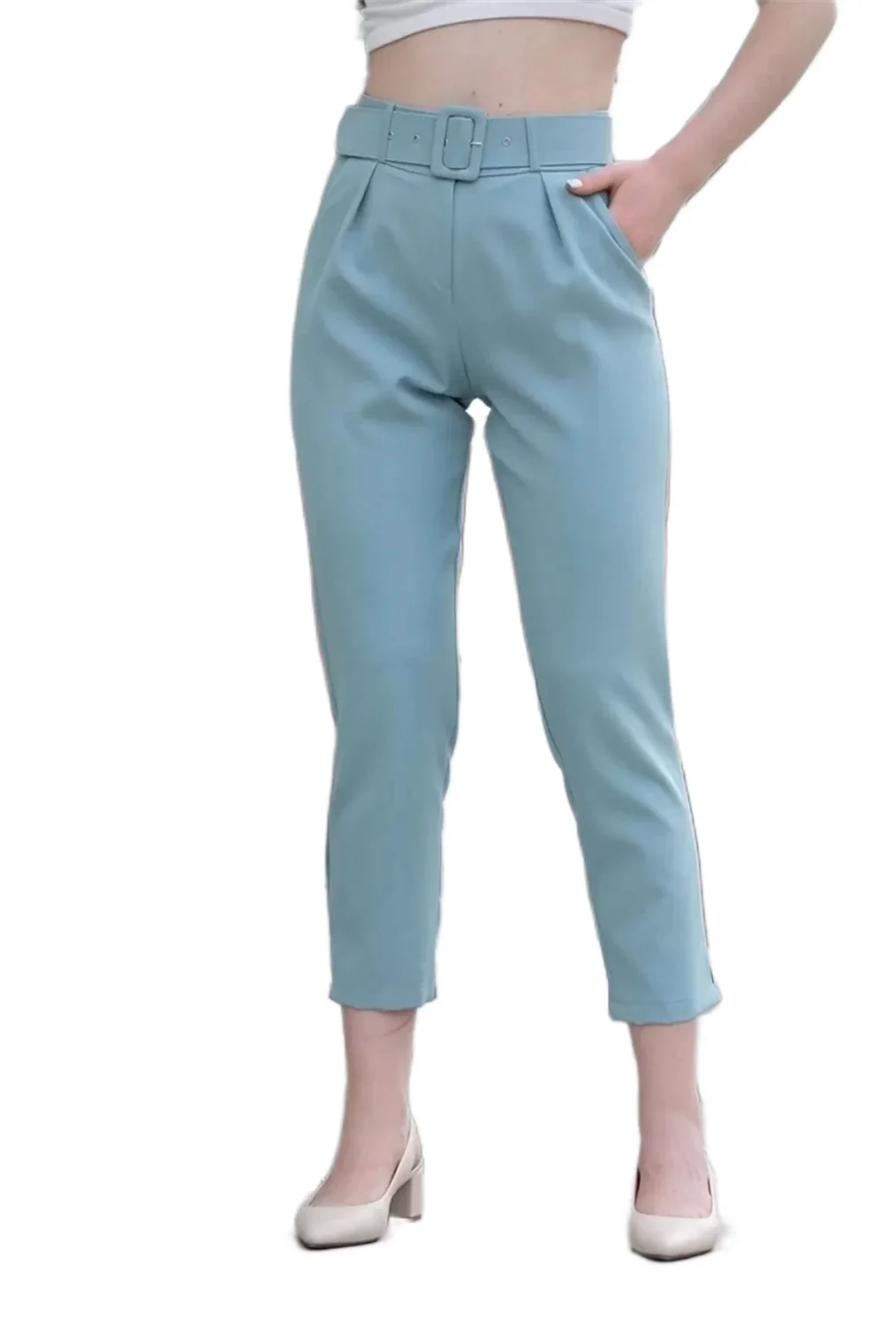 Kemer Ve Pile Detaylı Kumaş Pantolon 1754 Çağla