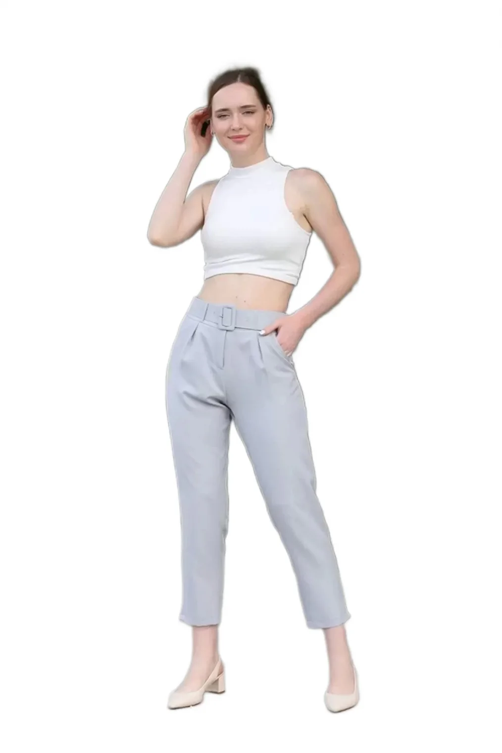 Kemer Ve Pile Detaylı Kumaş Pantolon 1754 Gri