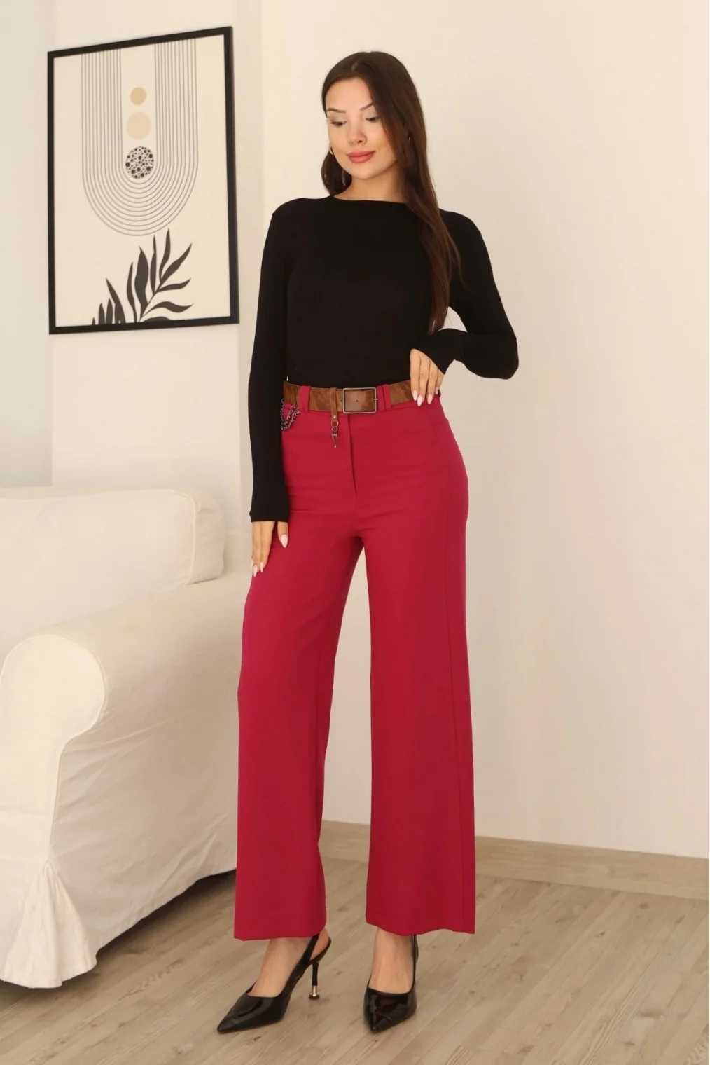 Kemeri Aksesuarlı ve Cep Detaylı Palazzo Pantolon 6115-Fuşya