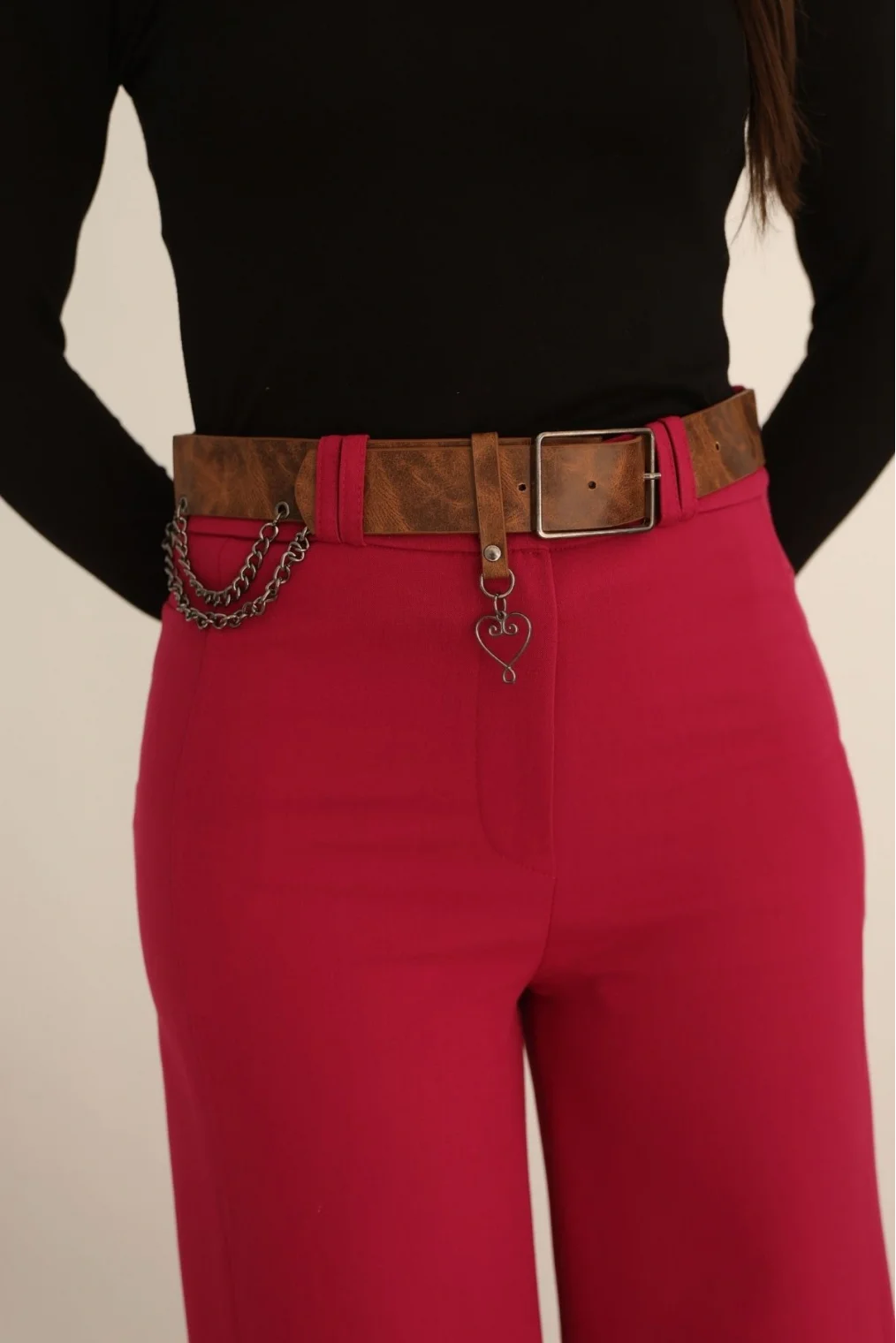 Kemeri Aksesuarlı ve Cep Detaylı Palazzo Pantolon 6115-Fuşya