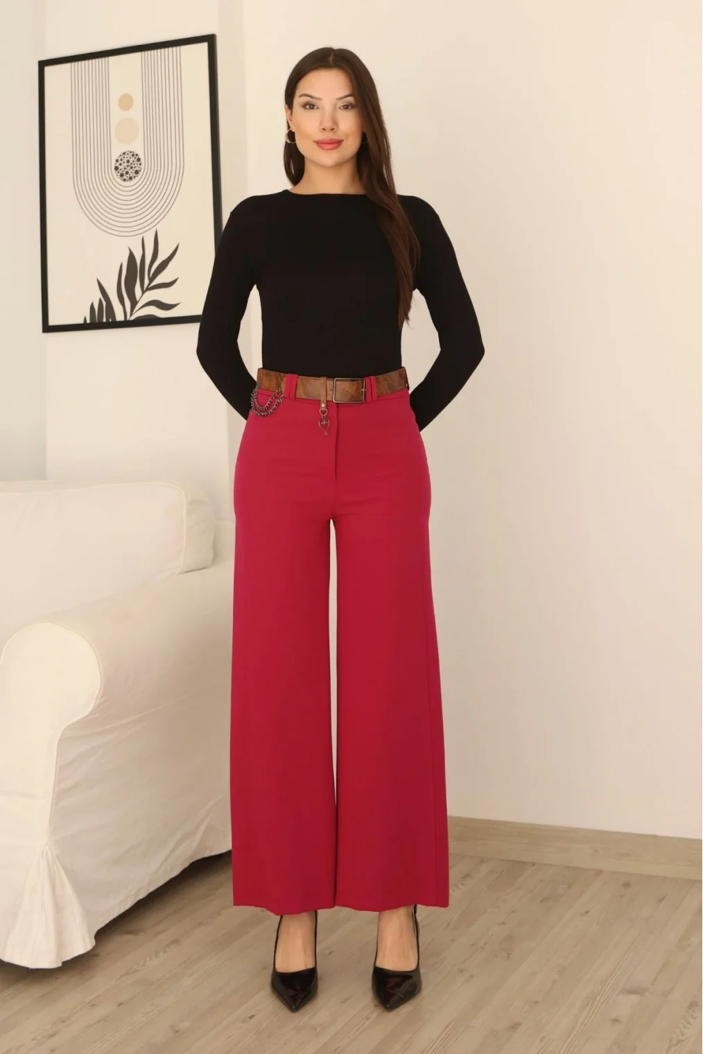 Kemeri Aksesuarlı ve Cep Detaylı Palazzo Pantolon 6115-Fuşya