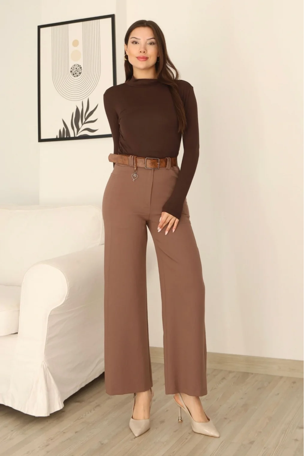 Kemeri Aksesuarlı ve Cep Detaylı Palazzo Pantolon 6115-Kahverengi