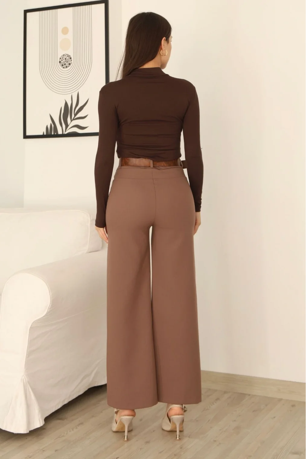 Kemeri Aksesuarlı ve Cep Detaylı Palazzo Pantolon 6115-Kahverengi
