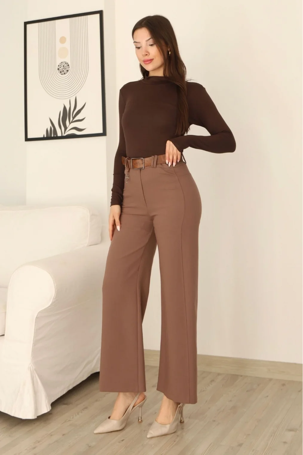 Kemeri Aksesuarlı ve Cep Detaylı Palazzo Pantolon 6115-Kahverengi