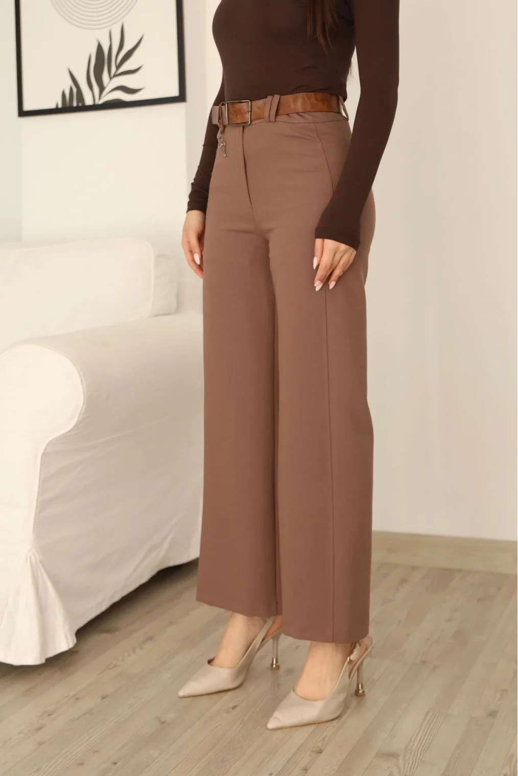 Kemeri Aksesuarlı ve Cep Detaylı Palazzo Pantolon 6115-Kahverengi