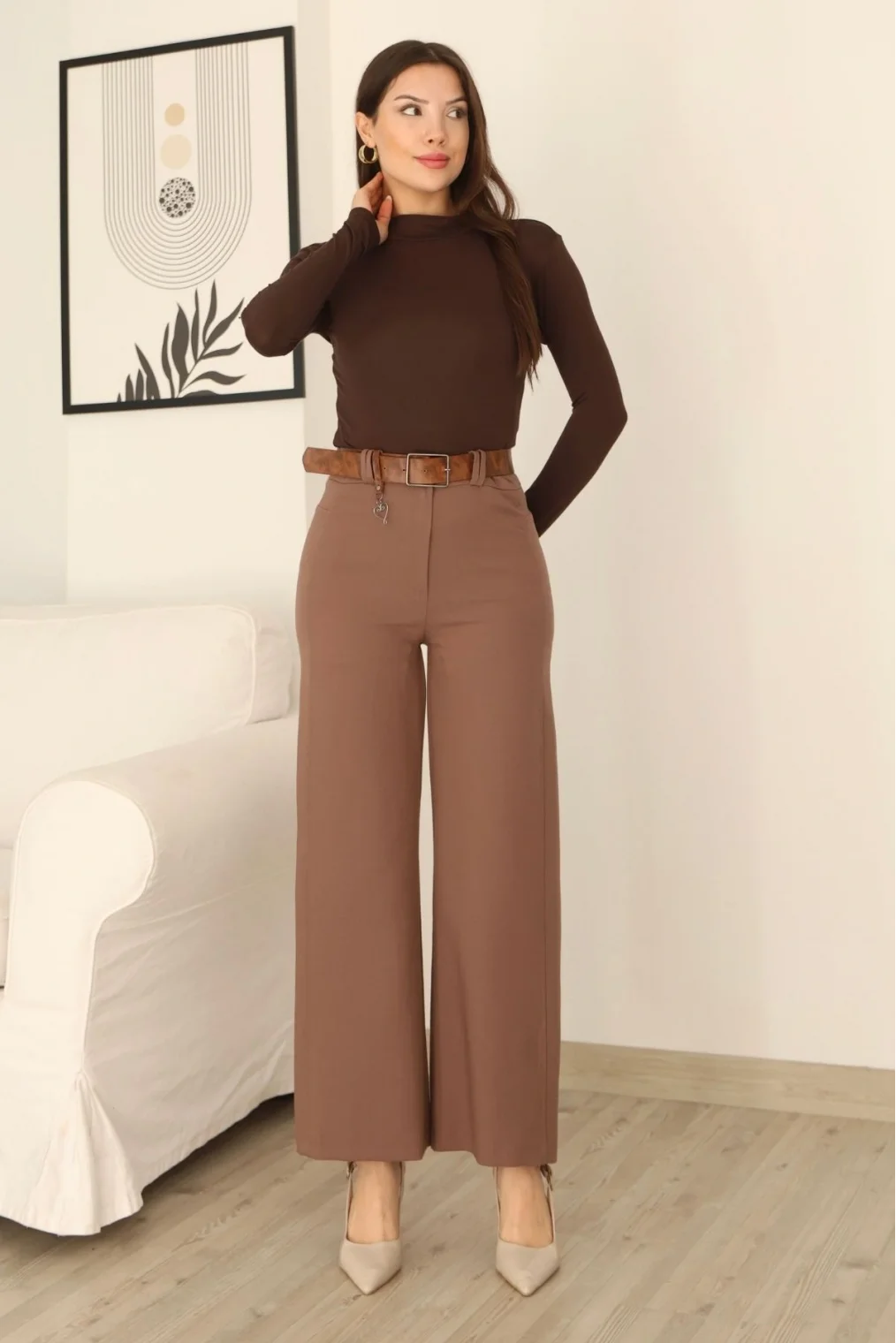 Kemeri Aksesuarlı ve Cep Detaylı Palazzo Pantolon 6115-Kahverengi