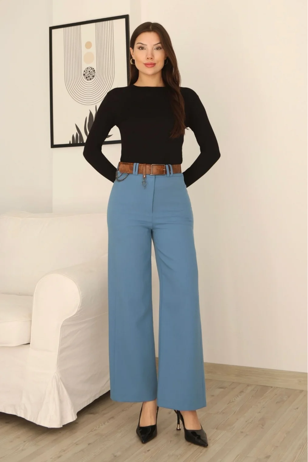 Kemeri Aksesuarlı ve Cep Detaylı Palazzo Pantolon 6115-Mavi