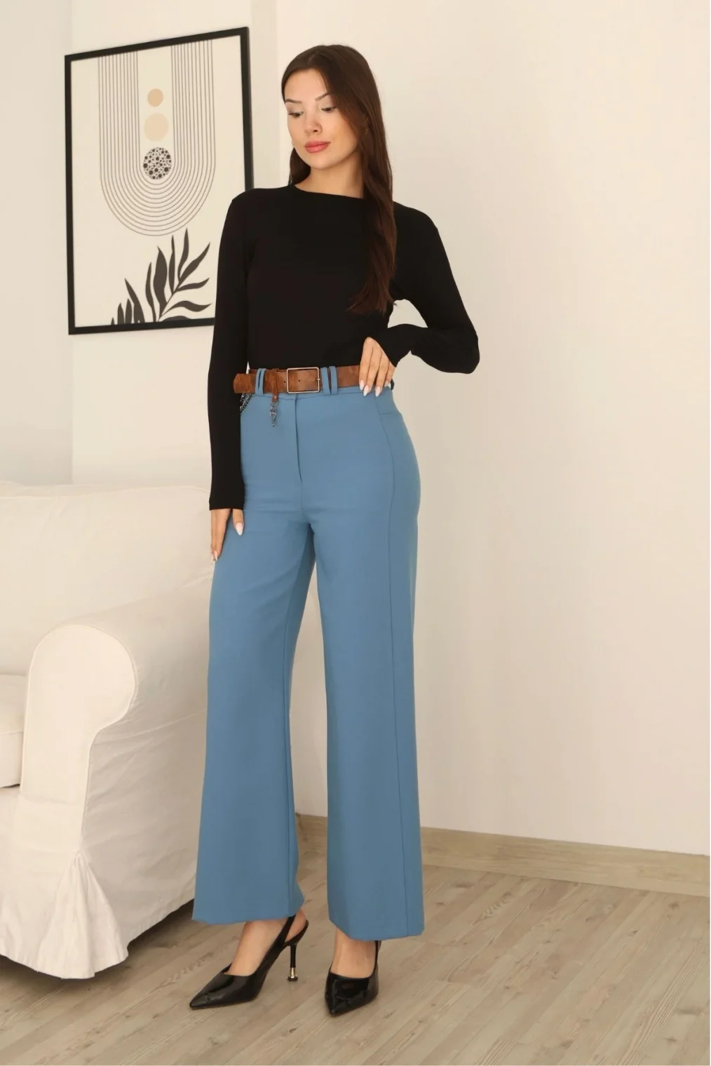 Kemeri Aksesuarlı ve Cep Detaylı Palazzo Pantolon 6115-Mavi