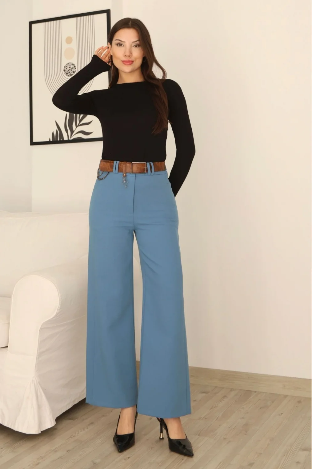 Kemeri Aksesuarlı ve Cep Detaylı Palazzo Pantolon 6115-Mavi