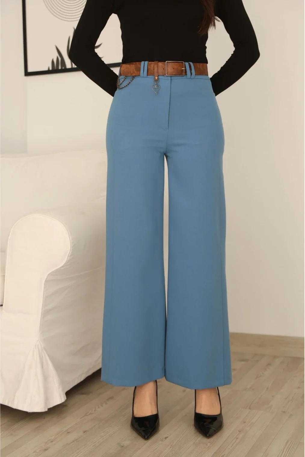 Kemeri Aksesuarlı ve Cep Detaylı Palazzo Pantolon 6115-Mavi
