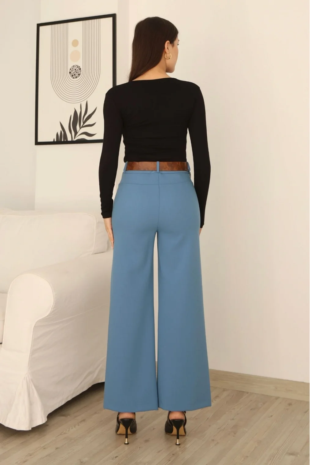 Kemeri Aksesuarlı ve Cep Detaylı Palazzo Pantolon 6115-Mavi