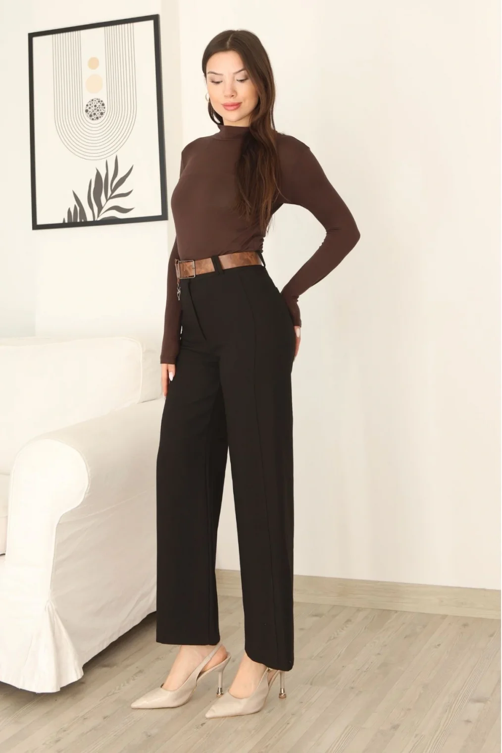 Kemeri Aksesuarlı ve Cep Detaylı Palazzo Pantolon 6115-Siyah