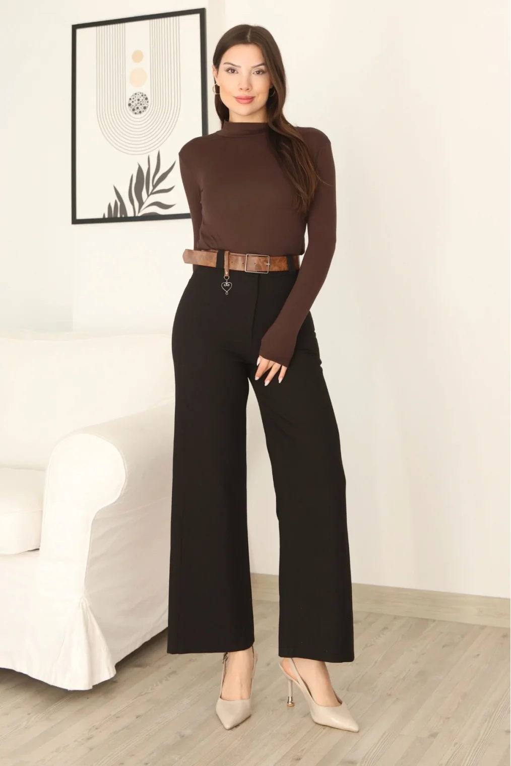 Kemeri Aksesuarlı ve Cep Detaylı Palazzo Pantolon 6115-Siyah