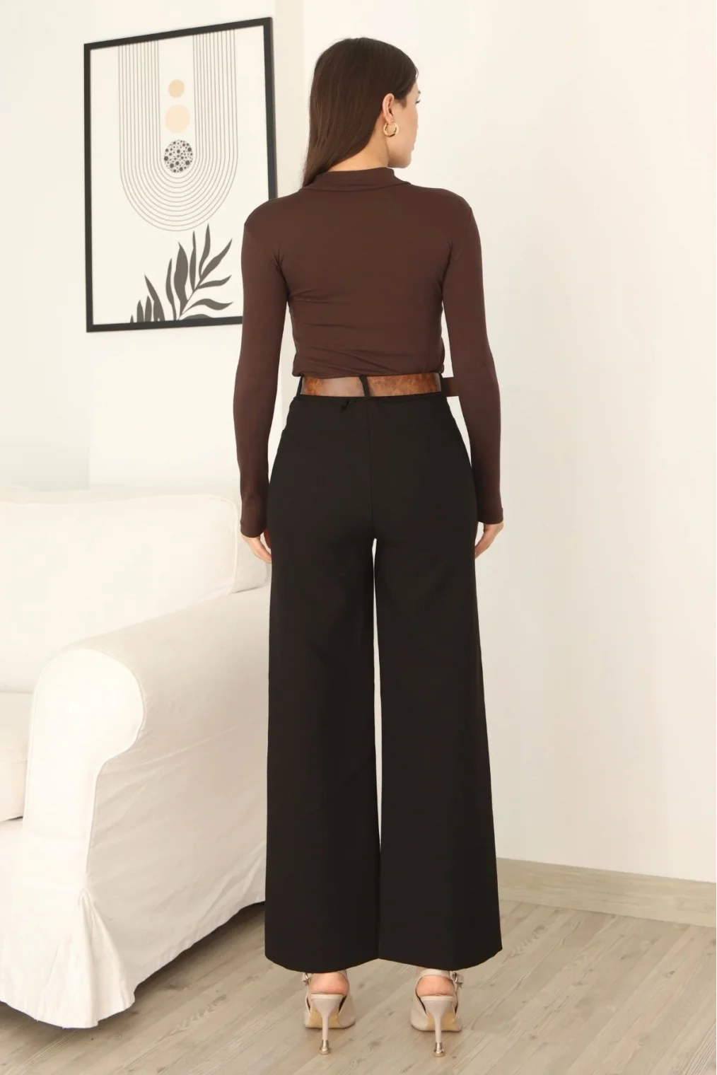 Kemeri Aksesuarlı ve Cep Detaylı Palazzo Pantolon 6115-Siyah