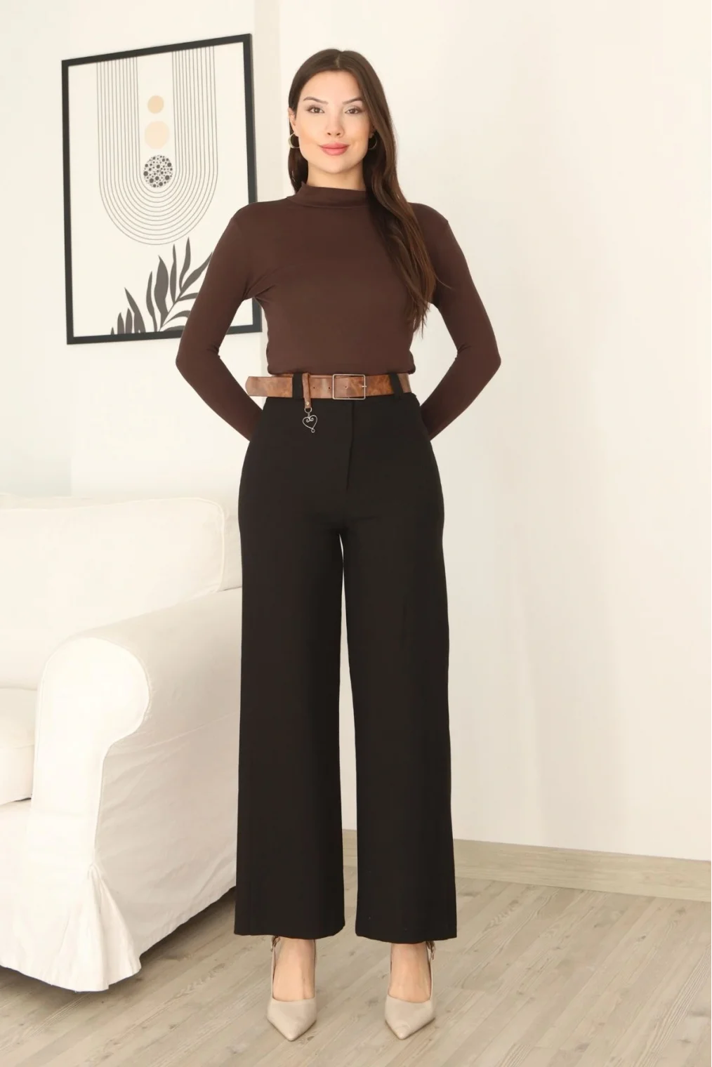 Kemeri Aksesuarlı ve Cep Detaylı Palazzo Pantolon 6115-Siyah