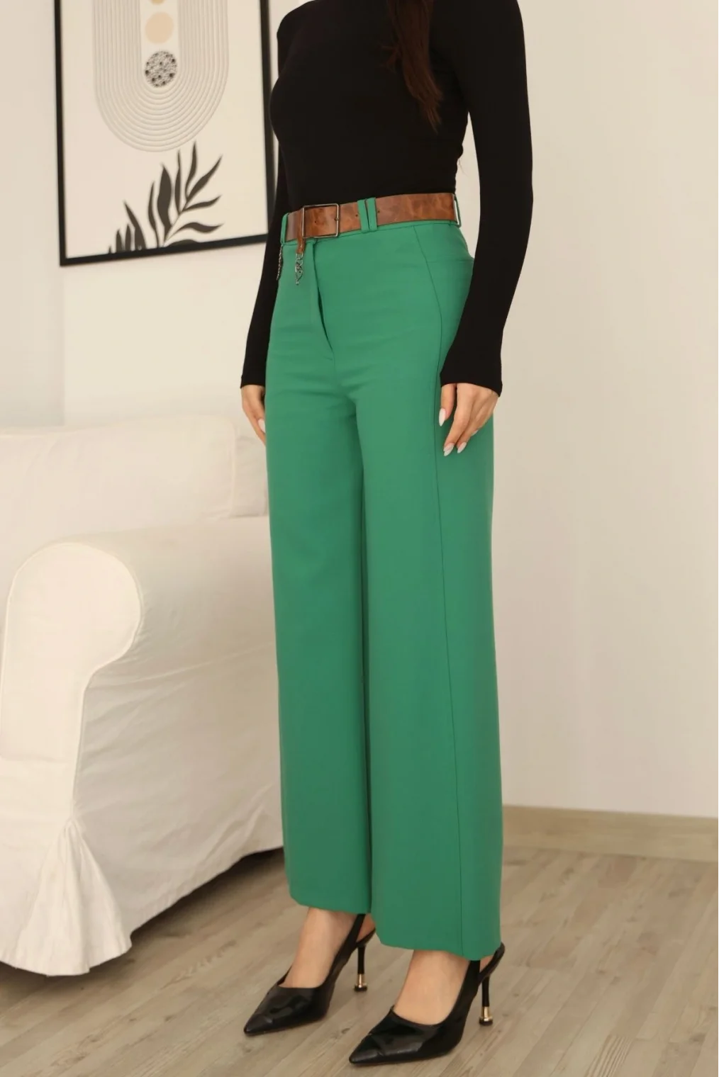 Kemeri Aksesuarlı ve Cep Detaylı Palazzo Pantolon 6115-Yeşil