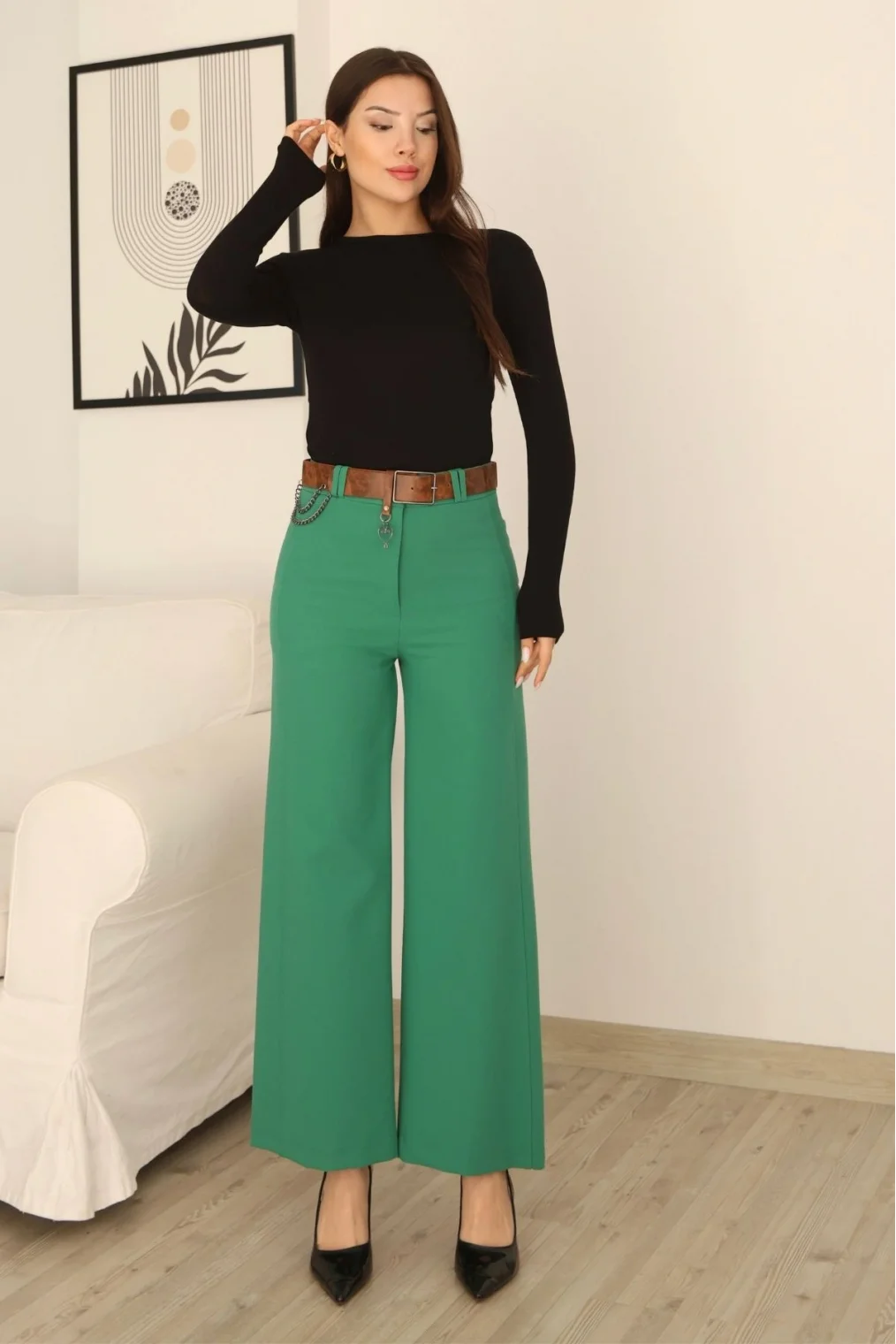 Kemeri Aksesuarlı ve Cep Detaylı Palazzo Pantolon 6115-Yeşil