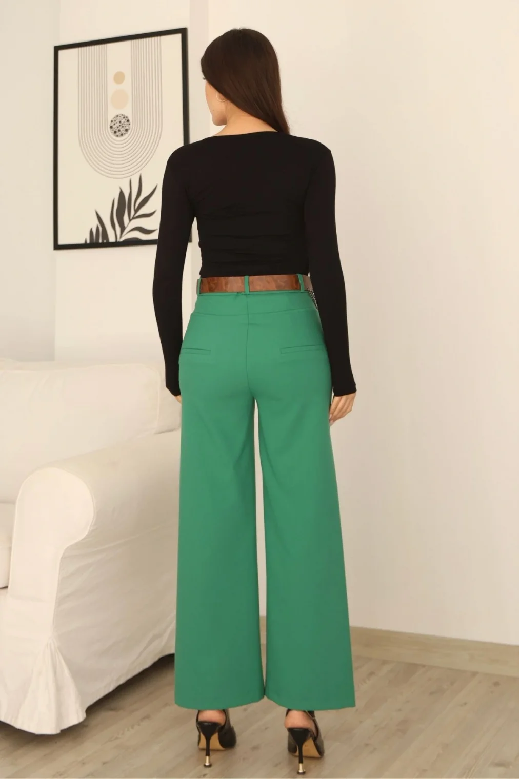 Kemeri Aksesuarlı ve Cep Detaylı Palazzo Pantolon 6115-Yeşil