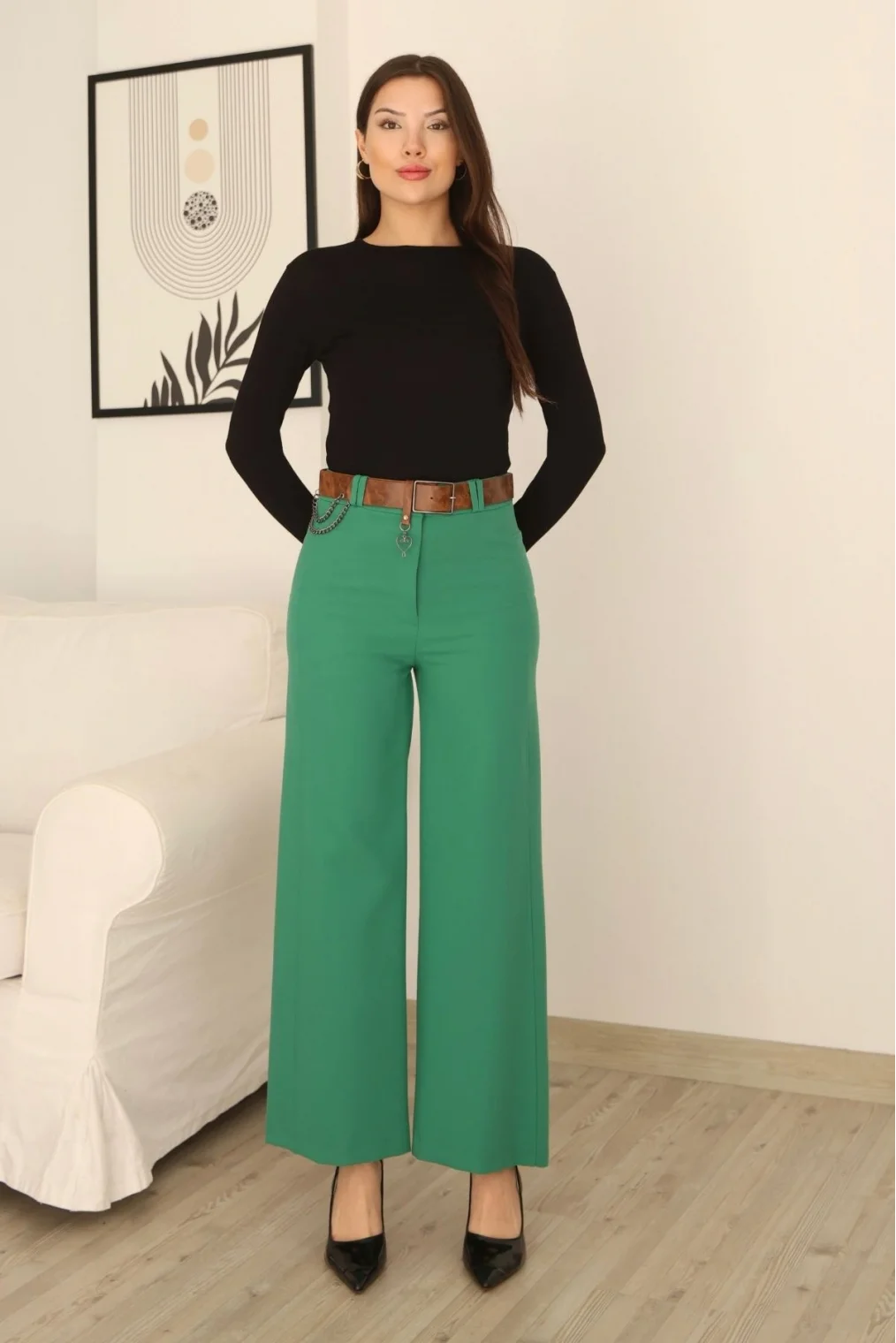 Kemeri Aksesuarlı ve Cep Detaylı Palazzo Pantolon 6115-Yeşil