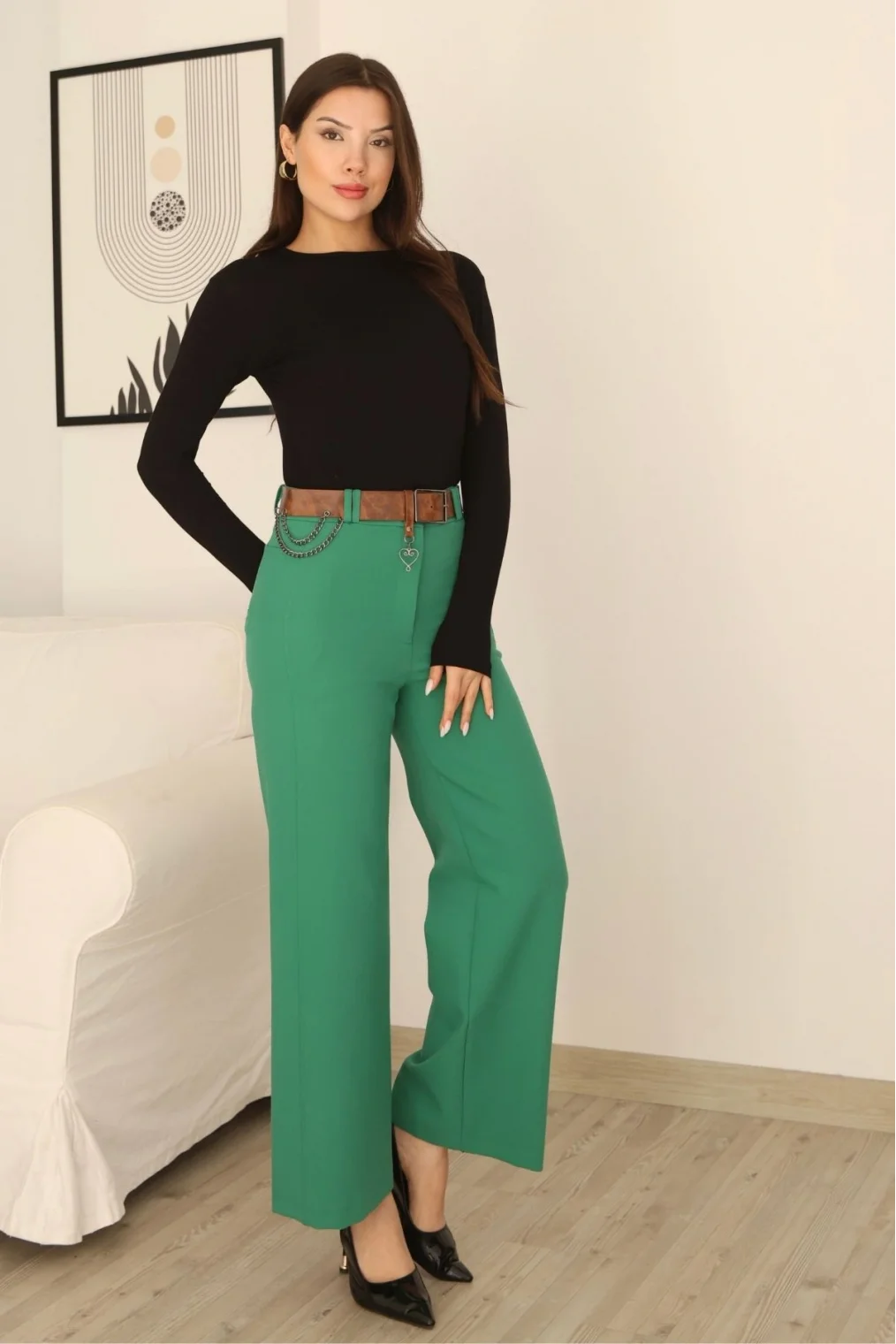 Kemeri Aksesuarlı ve Cep Detaylı Palazzo Pantolon 6115-Yeşil
