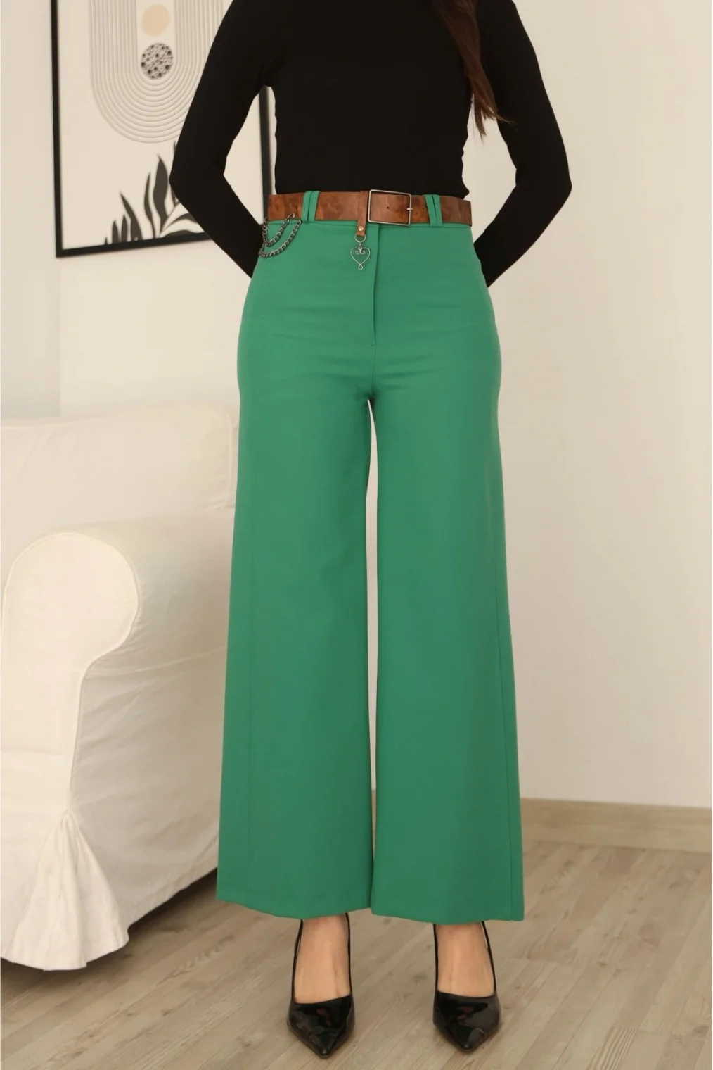 Kemeri Aksesuarlı ve Cep Detaylı Palazzo Pantolon 6115-Yeşil