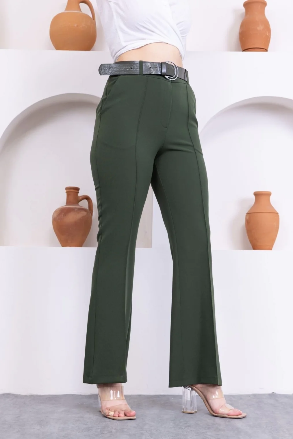 Kemerli İspanyol Paça KadınKumaş Pantolon 314-Haki